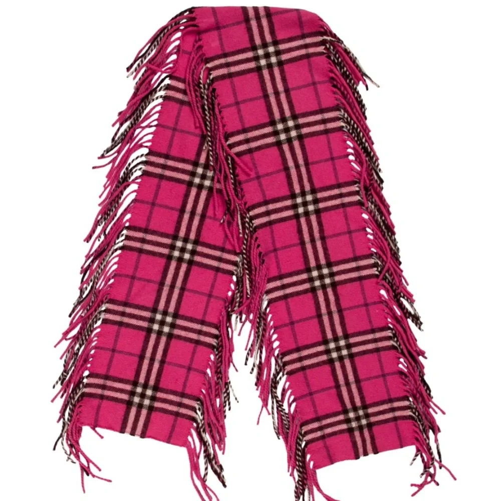Burberry 100% cashmere authentic happy double fringe hot pink plaid scarf vintag